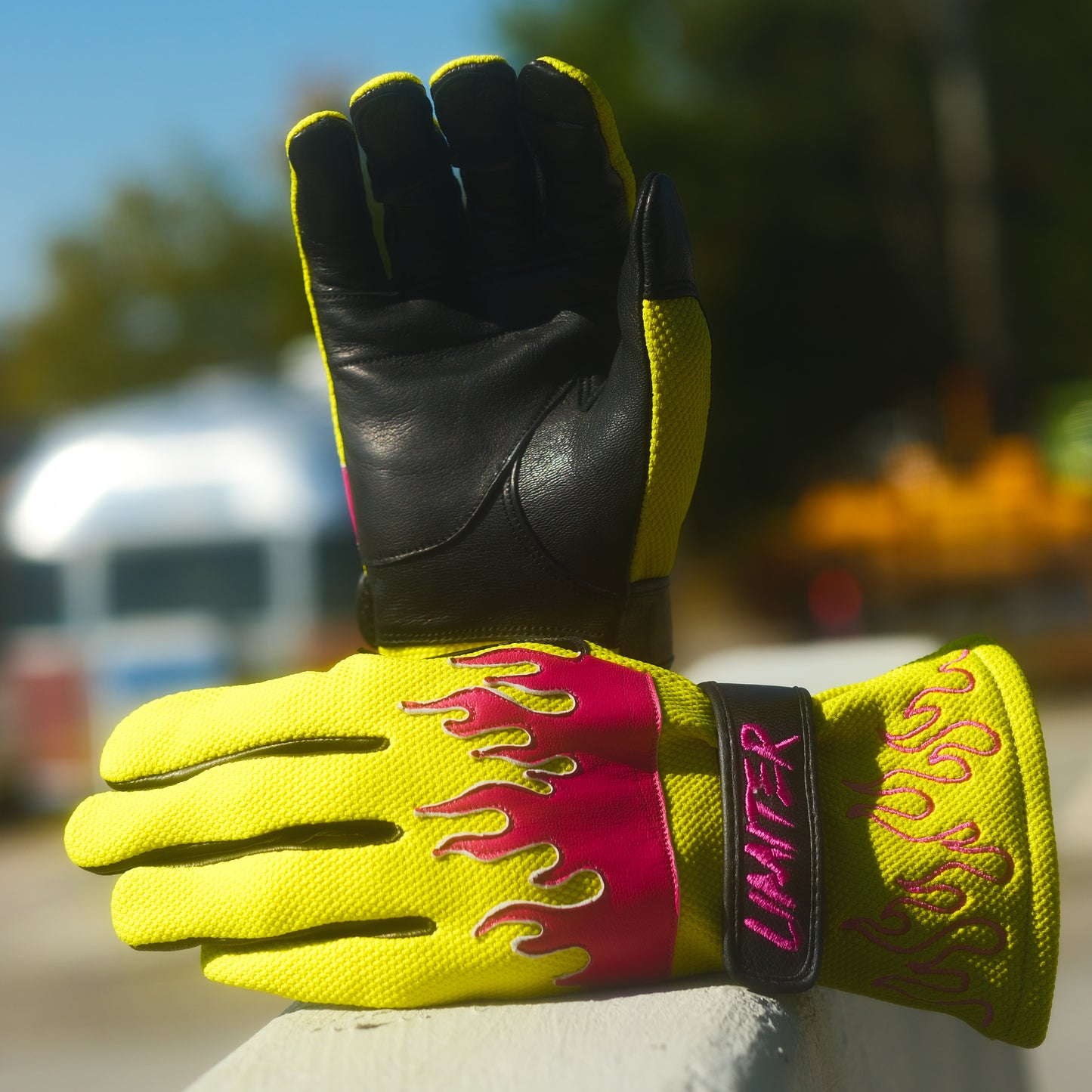 Yellow & Pink Flame Driving Gloves