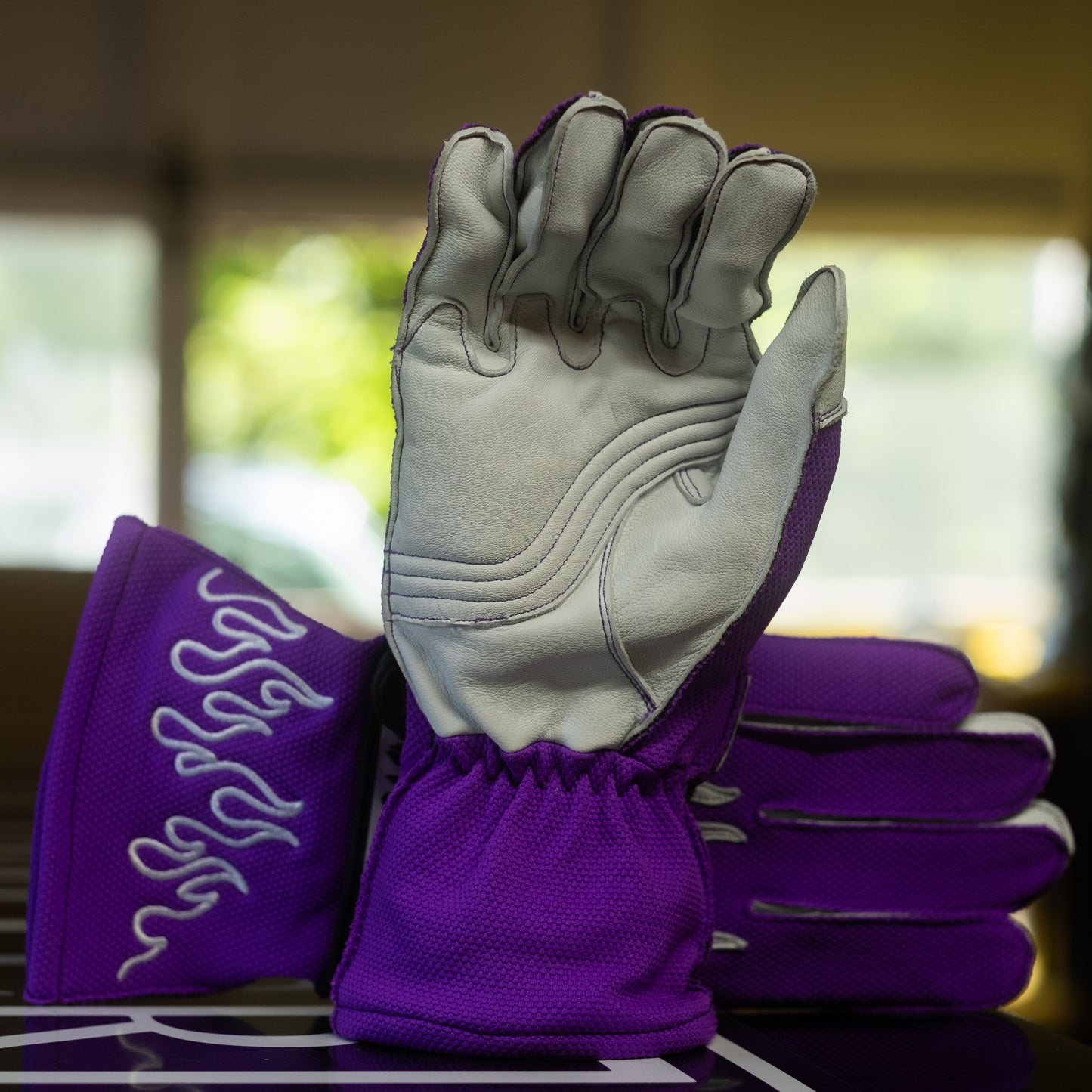 Purple & White Flame Driving Gloves (Reverse Stitch)