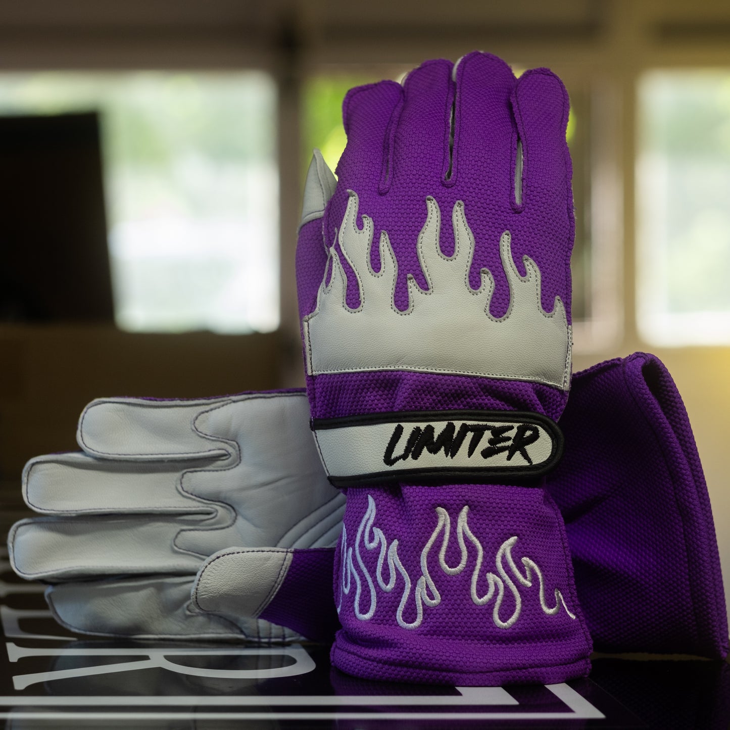Purple & White Flame Driving Gloves (Reverse Stitch)
